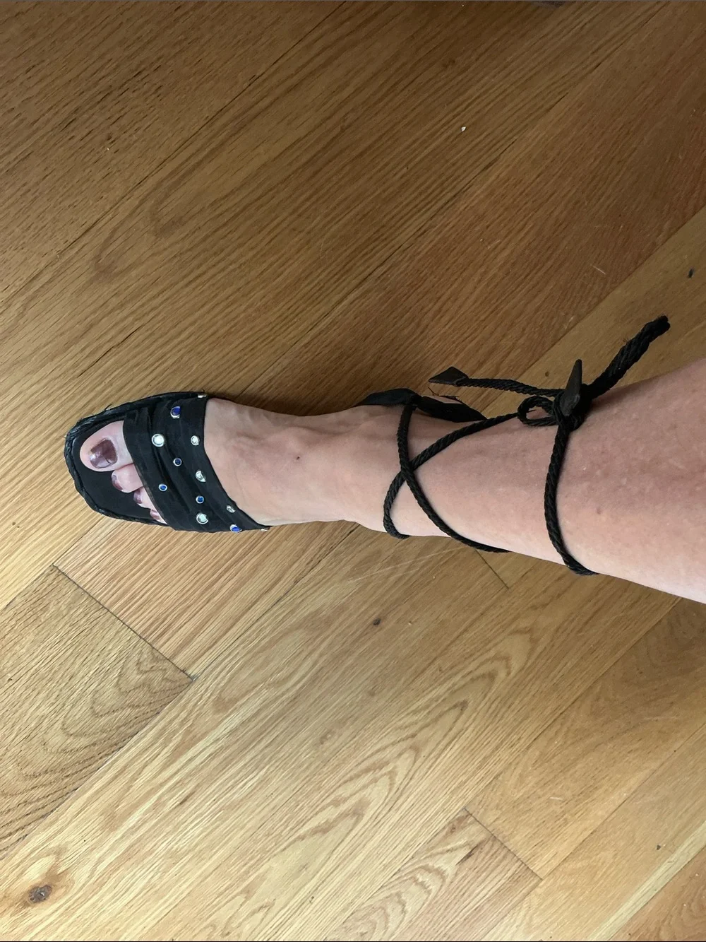 Stuart Weitzman Black Studded Lace-Up Wedge Sandals
